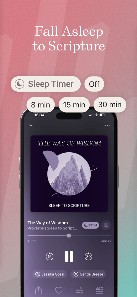 Dwell app screen for falling asleep to Scripture with a sleep timer