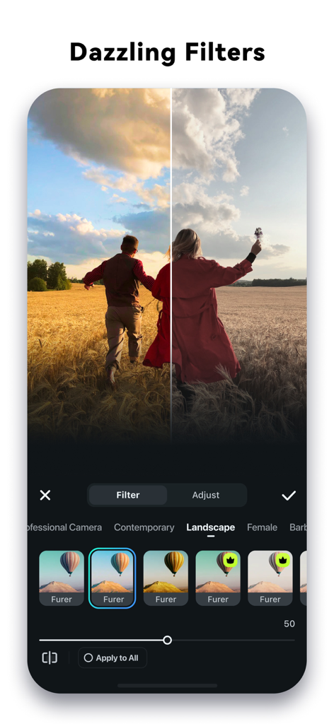 Une comparaison côte à côte d'une vidéo avant et après l'application d'un filtre de paysage dans l'application Filmora