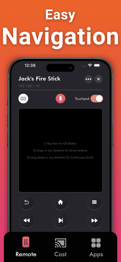 Interfaz de la aplicación móvil de control remoto para Fire TV que muestra un panel táctil y controles de reproducción en la pantalla de un iPhone.