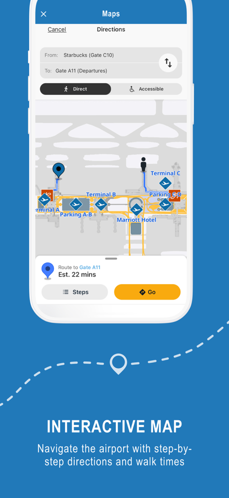Houston Airports – Official - ゲートからゲートへの道順と歩行時間を示すヒューストン空港アプリのインタラクティブターミナルマップ
