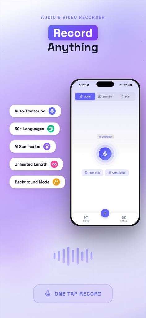 SpeakNotes app interface showing the audio and video recorder screen with features like auto-transcribe and AI summaries.