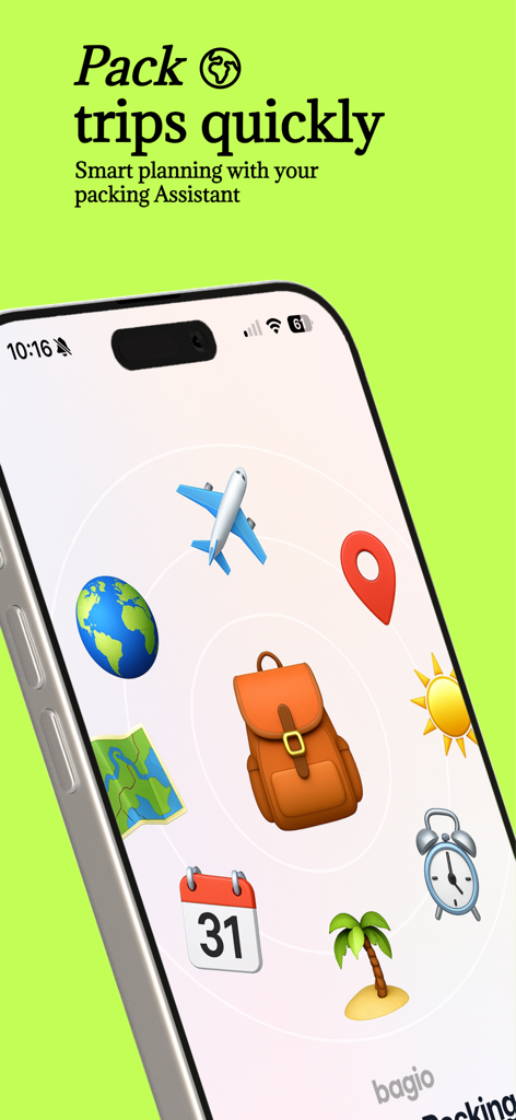 Smartphone mostrando la interfaz de la aplicación Bagio con varios íconos de viaje que incluyen una mochila, un avión y un globo terráqueo