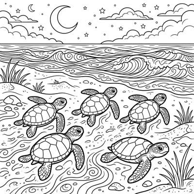 Witness the amazing journey of adorable sea turtle hatchlings as they make their way to the ocean in this captivating coloring page. Designed specifically for kids, it's a perfect blend of fun and education.