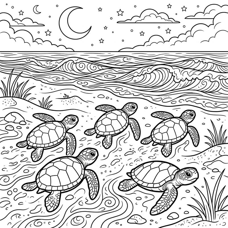 Witness the amazing journey of adorable sea turtle hatchlings as they make their way to the ocean in this captivating coloring page. Designed specifically for kids, it's a perfect blend of fun and education.