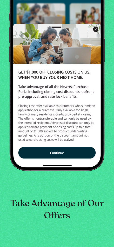 Newrez mobile app screen featuring a one thousand dollar discount on closing costs for homebuyers.