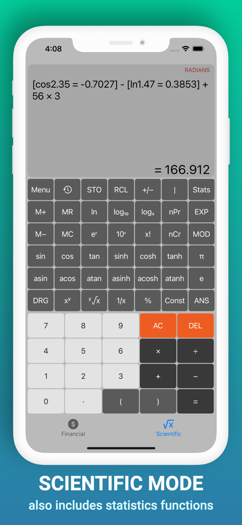 Interfaz del modo científico de la aplicación FincCalc Calculadora Financiera con botones trigonométricos y de estadísticas