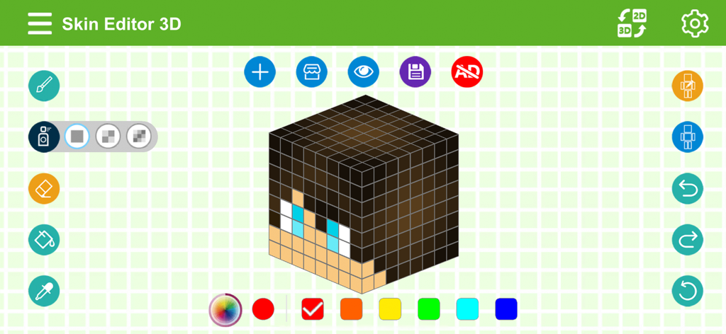 Skin Editor 3D - Skin Editor 3D interface showing a pixel character head being customized with drawing tools