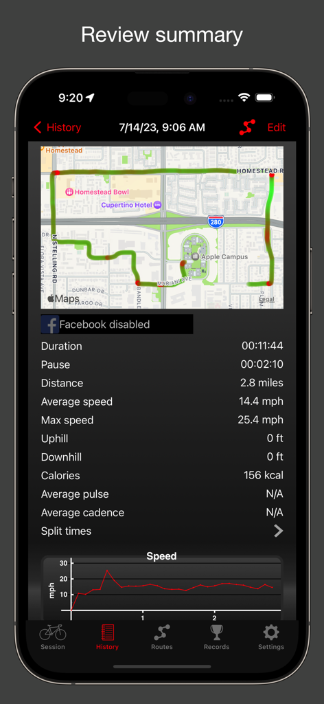 Fitmeter Bike - GPS Cycling - Detailed cycling summary showing map route and performance statistics in the Fitmeter Bike app