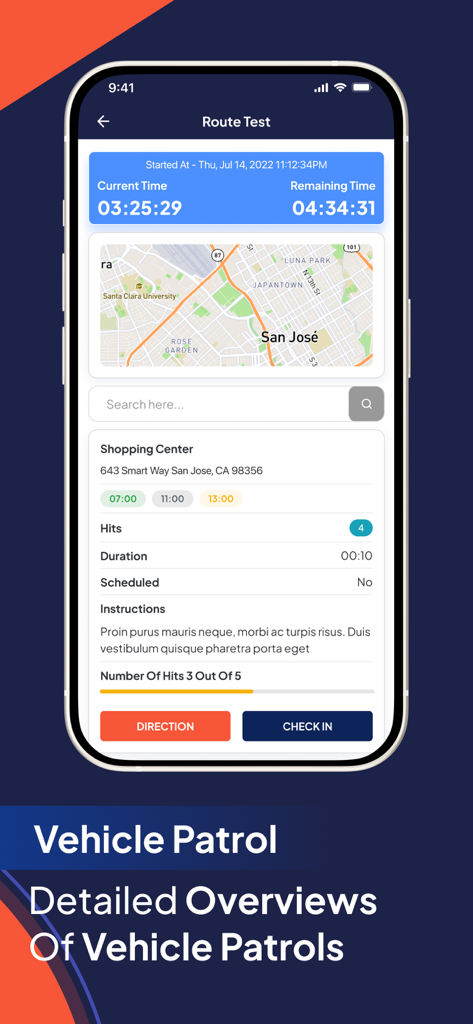 GuardsPro Security Guard App - GuardsPro app vehicle patrol screen showing a route map and site check in details