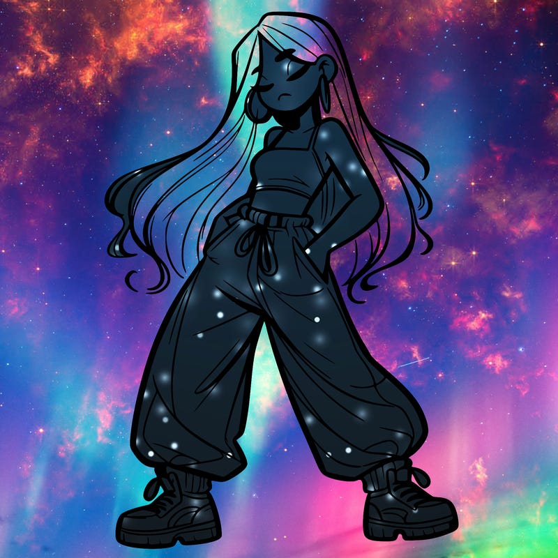 girl in baggy pants crop top and long hair