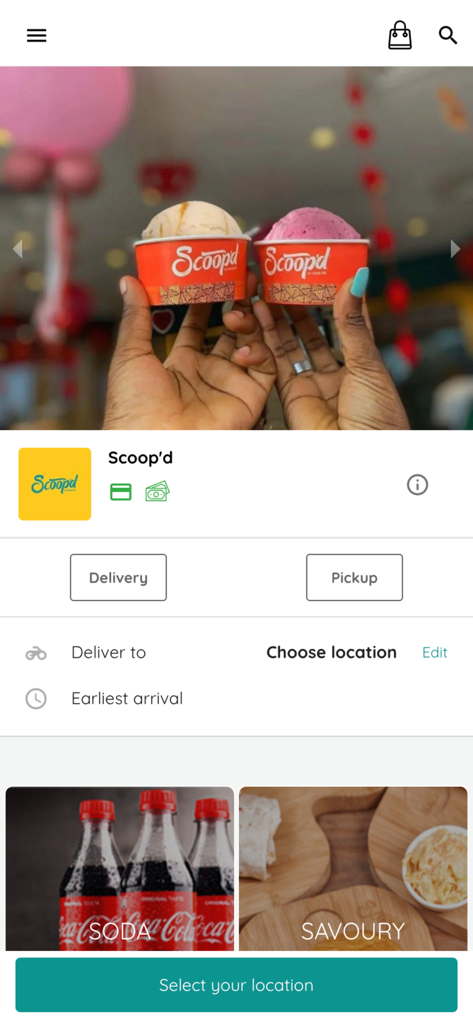 Scoop'd Ice Cream Bar - Scoop'd Ice Cream Bar mobile app home screen with delivery and pickup ordering options