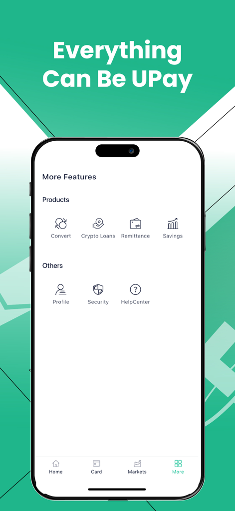 Interface do aplicativo UP Business mostrando produtos financeiros, incluindo empréstimos de criptomoedas, poupanças e serviços de remessa.