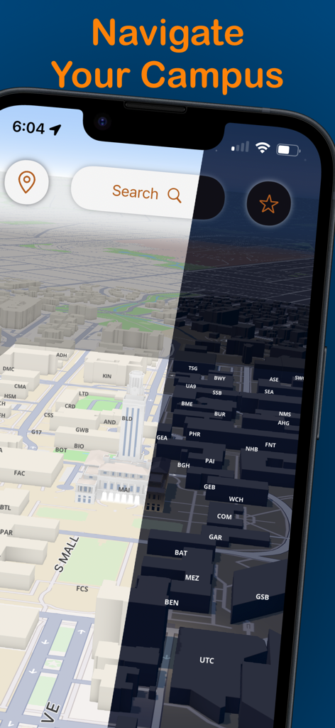 CampusNav - College Navigation - Smartphone screen displaying the CampusNav 3D college map with building labels
