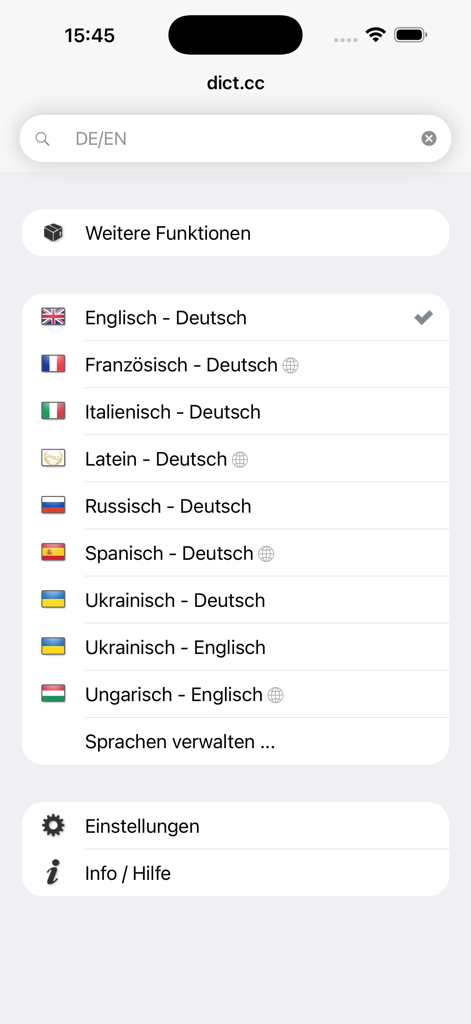 Interface of the dict.cc dictionary app showing multiple language translation pairs