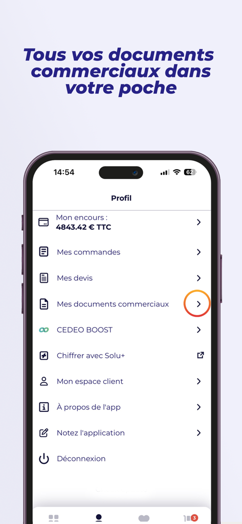Écran du profil utilisateur de l'application CEDEO montrant les options de gestion des documents commerciaux.