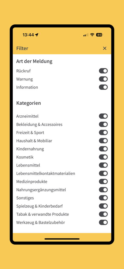 Tela de configurações de filtro do aplicativo AGES mostrando categorias para alertas de segurança de alimentos, medicamentos e brinquedos
