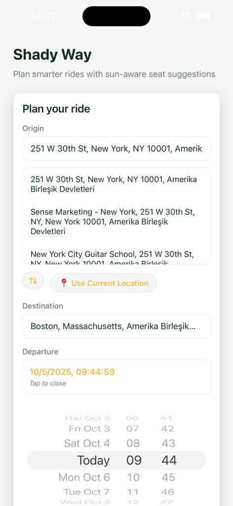 Interfaz de la aplicación Shady Way que muestra la pantalla de planificación del viaje con entradas de destino y hora de salida.
