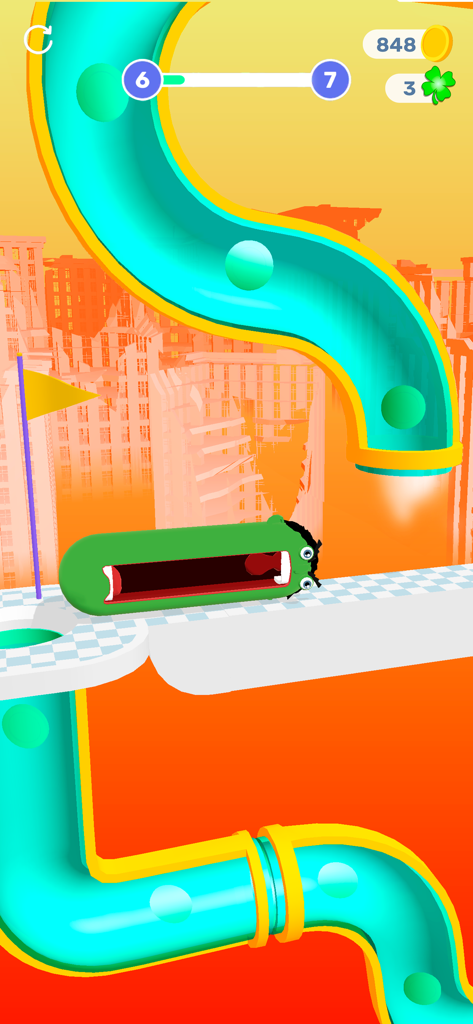 Hopping Heads: Scream & Shout - Ein grüner Charakter mit weit offenem Mund schreit auf einer bunten Plattform neben Rohren