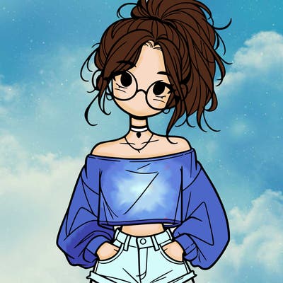 girl with a messy ponytail glasses a baggy crop top and jean shorts