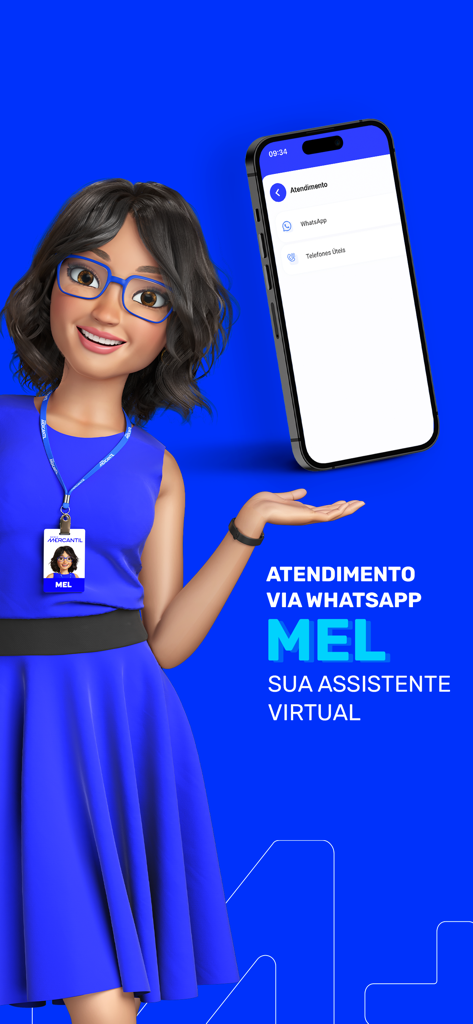 Assistente virtual do Banco Mercantil, Mel, promovendo atendimento ao cliente via WhatsApp em uma tela de celular