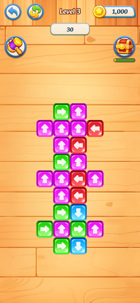 Block Mania:Tap away - A level of Block Mania Tap Away showing colorful arrow blocks on a wooden table surface