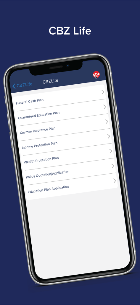 CBZ Touch - Pantalla de la aplicación móvil CBZ Touch que muestra varias opciones de planes de seguro de vida como Efectivo Funerario y planes de educación.