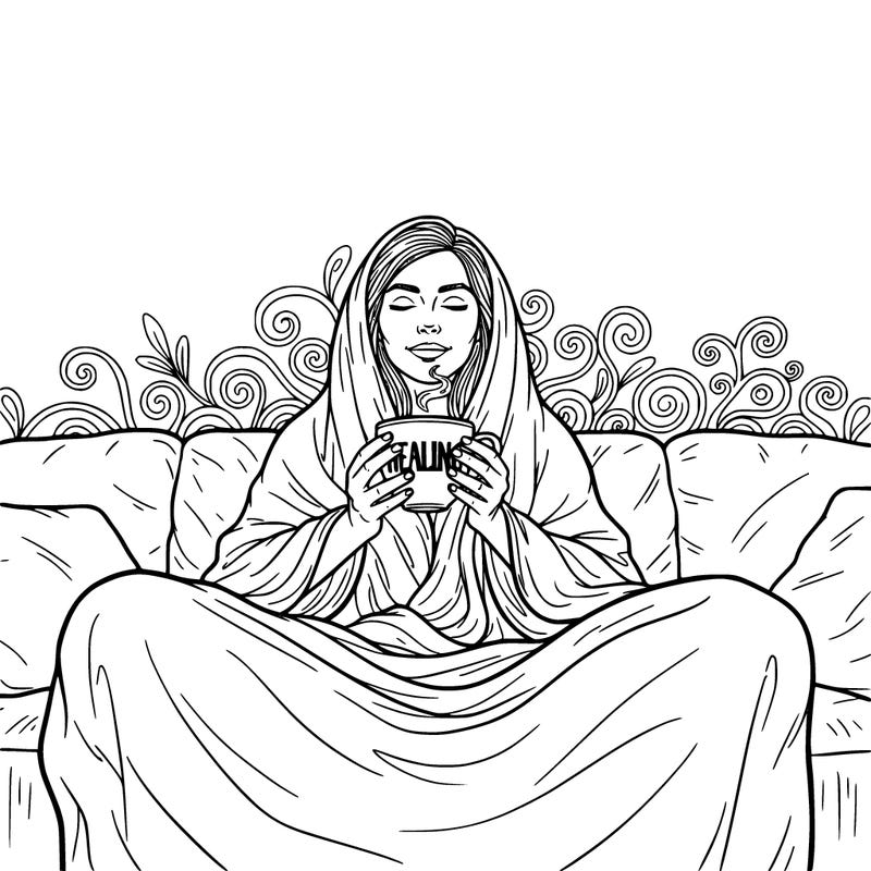 realistic woman holding a cup of warm tea that says healing. she holding her cup while sitting on her couch wrapped around a blanket and meditating her mind.