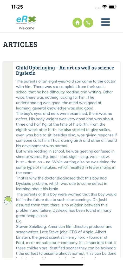 ERX - Screenshot des Artikelsegments in der eRx-App mit lehrreichen medizinischen Inhalten über Legasthenie und kindliche Entwicklung