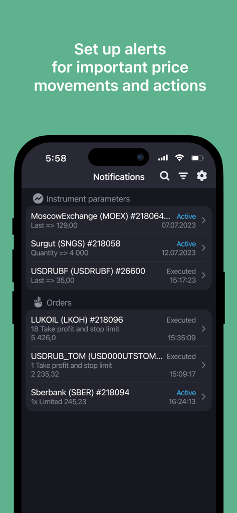 iQUIK X mobile app notifications screen showing real-time price alerts and order status for professional traders.