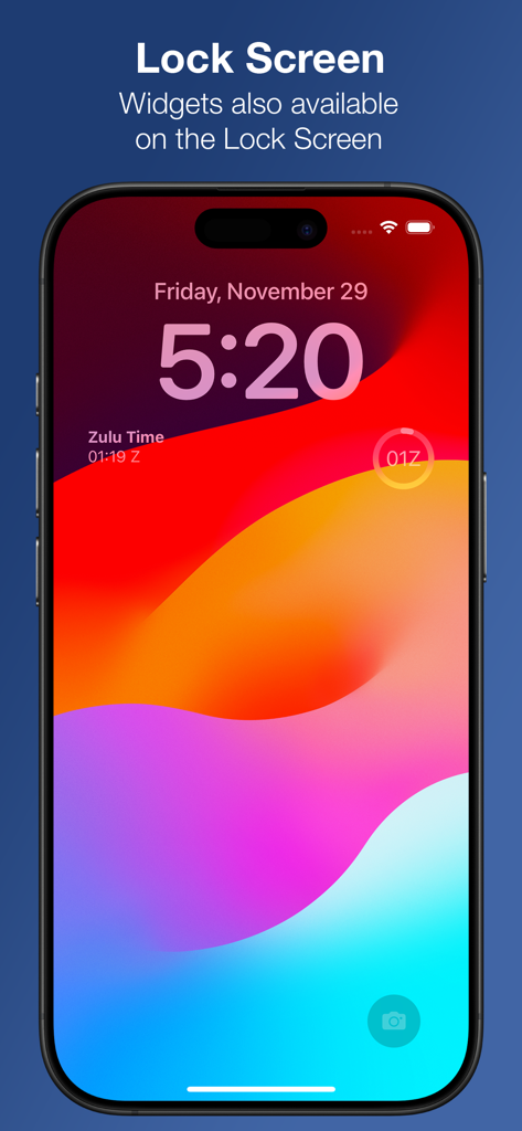 Pantalla de bloqueo del iPhone con widgets de reloj UTC de Zulu Time