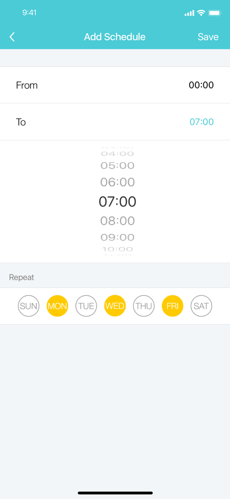 tpPLC - The Add Schedule screen in the tpPLC app showing time pickers and daily repeat options for powerline device management.
