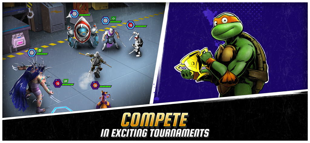 Combat de tournoi en 5 contre 5 dans Ninja Turtles Legends avec Michelangelo tenant un trophée.