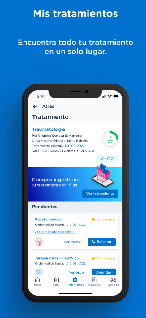 Mi Veris - Interfaz de la aplicación móvil Mi Veris que muestra detalles de tratamientos médicos pendientes, recetas y programación de citas