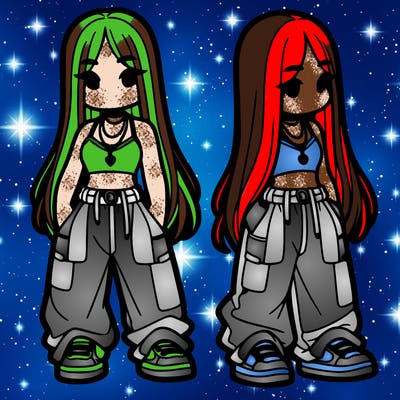 girl in baggy pants crop top and long hair