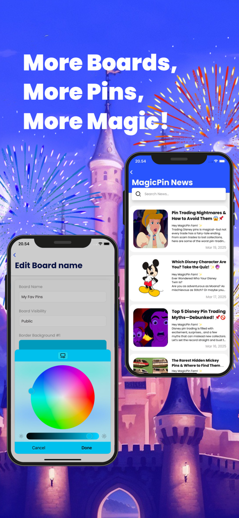 MagicPin app screens for customizing digital pin boards and viewing Disney pin trading news and articles.