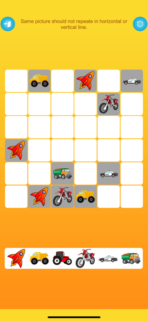 Brain Puzzle with Pictures - Captura de tela da jogabilidade de uma grade de quebra-cabeça de lógica 6x6 com ícones de veículos coloridos, incluindo foguetes e caminhões.