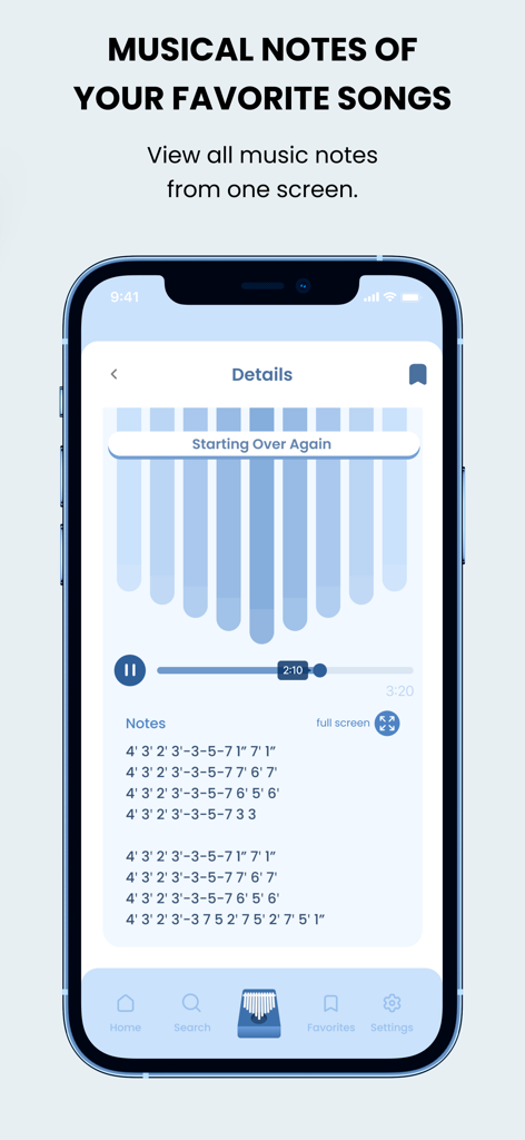 Kalimba Lessons: Learn & Play - Mobile app screenshot showing kalimba musical notes and a virtual kalimba interface for a popular song