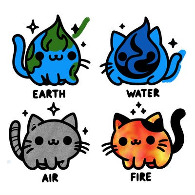 4 cats that represent the different elements, earth, water, air, and fire
