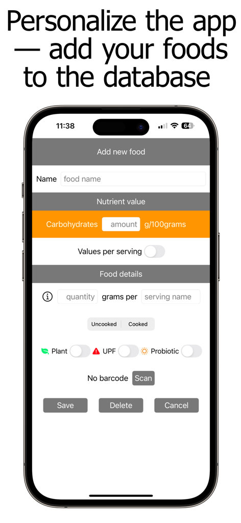 Carb Counter and Tracker - Interface of the Carb Counter and Tracker app showing options to add new food items with carbohydrate values and food quality tags like UPF or Probiotic.