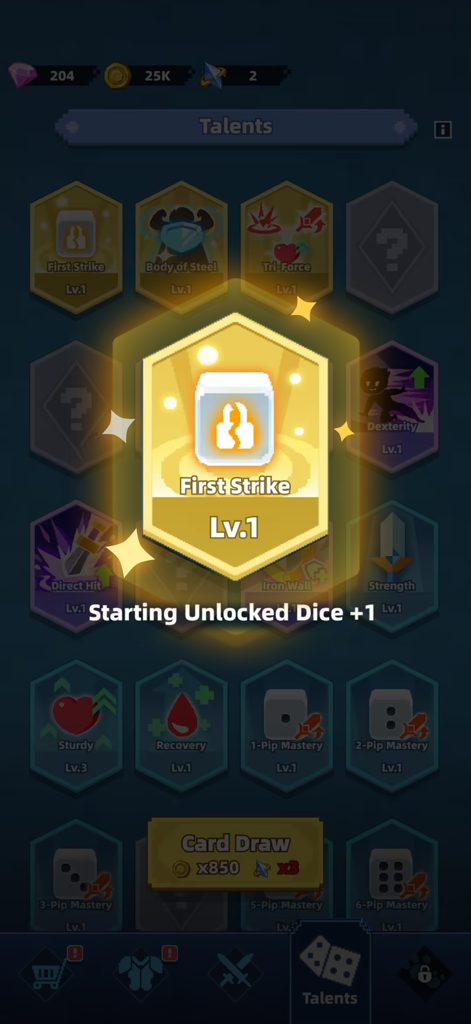 Dicero! - Diceroゲームの才能メニューで、First Strikeのスキルアップグレードが表示されている