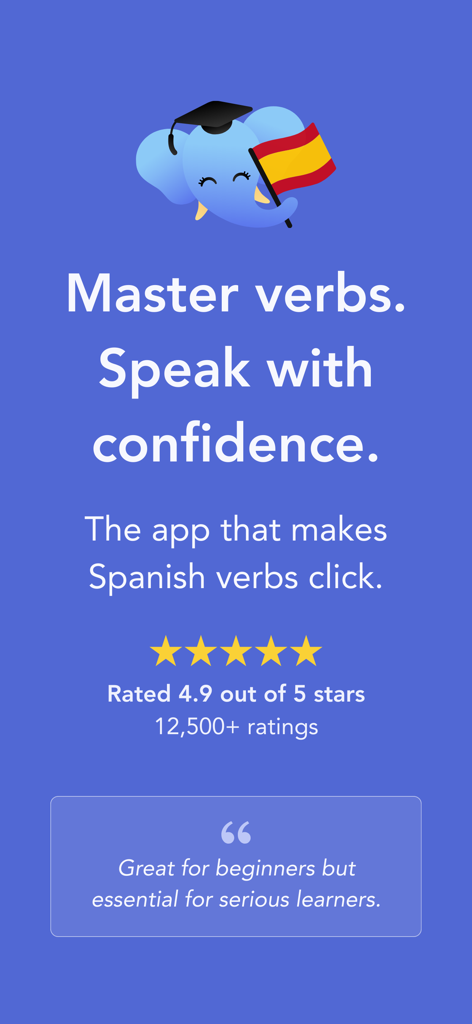 Ella Verbs: Learn Spanish - Pantalla de la aplicación Ella Verbs con la mascota elefante y una calificación de 4.9 estrellas para aprender verbos españoles.