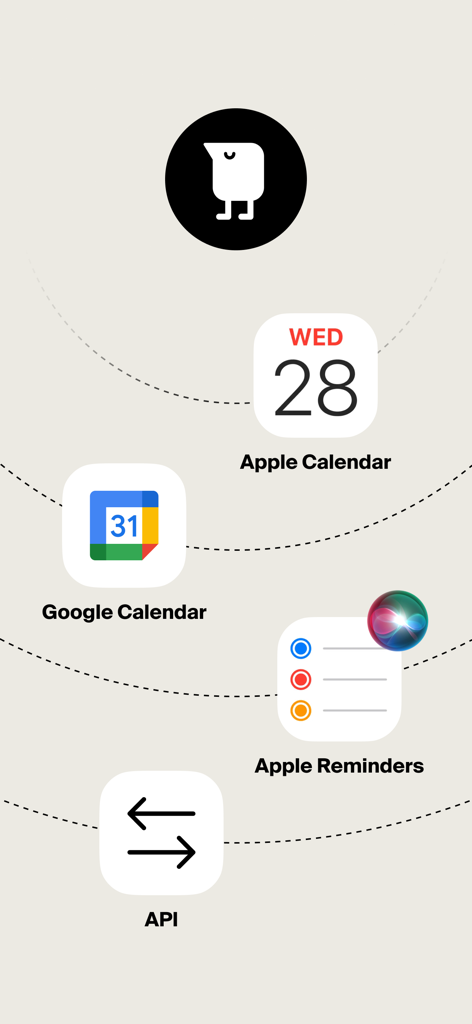 Tweek: Minimal To Do List - Tweek app integration icons for Apple Calendar, Google Calendar, Apple Reminders and API on a minimalist background