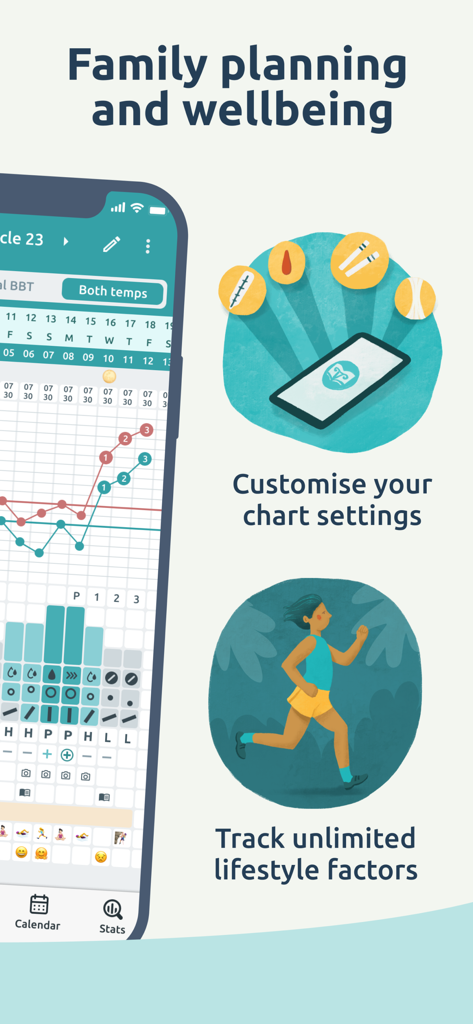 Read Your Body app interface showing detailed fertility charting and lifestyle tracking features