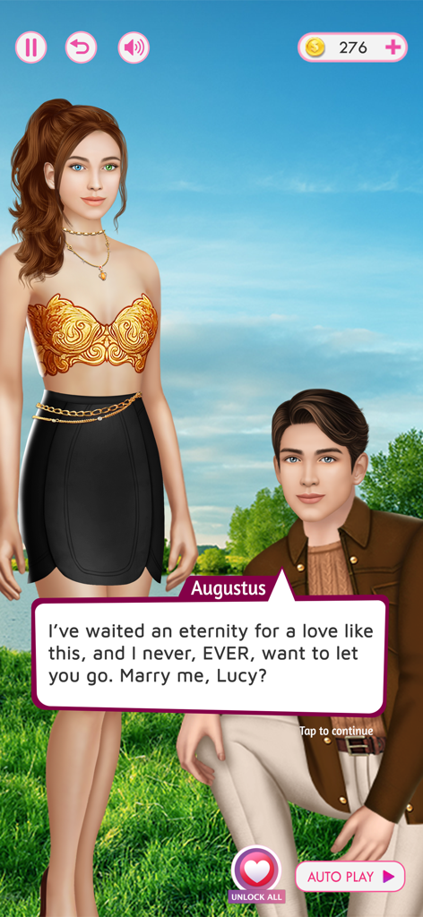 Decisions Choose Your Storyモバイルゲームで、男性キャラクターが女性キャラクターにプロポーズするためにひざまずいているシーン