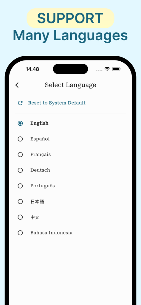 Language selection screen in the Geography AI Homework Helper app showing support for multiple languages like English Spanish and French