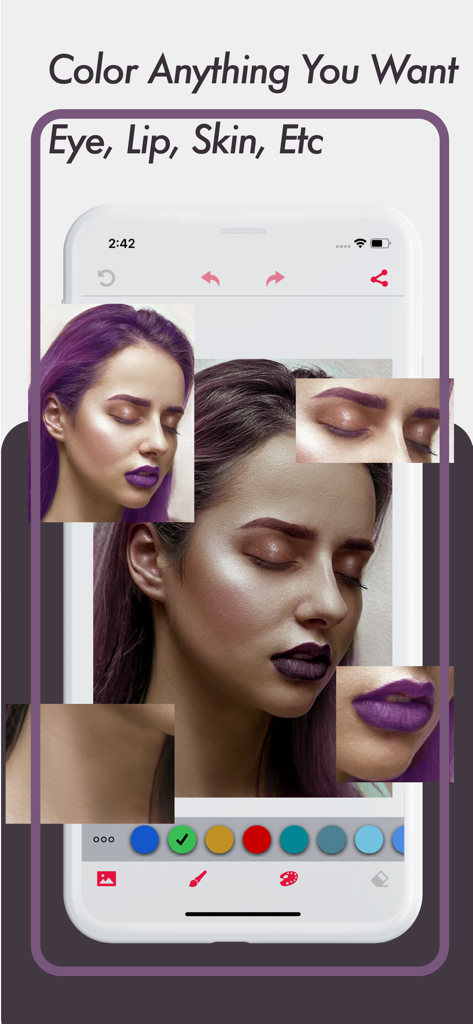 Pantalla de aplicación que muestra edición de maquillaje virtual para cabello, labios y ojos