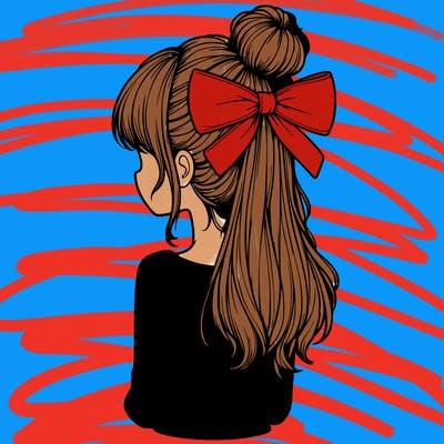 realistic girl  with hip length hair a bun and a big bow on the back of head