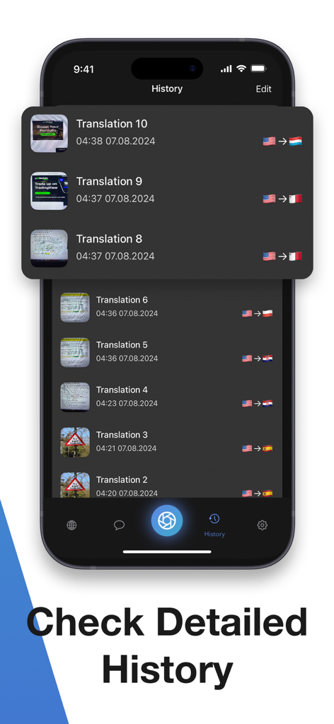 Snap Translator - Photo & AI - Snap Translatorアプリの詳細な過去の翻訳履歴。言語フラグと日付が表示されている