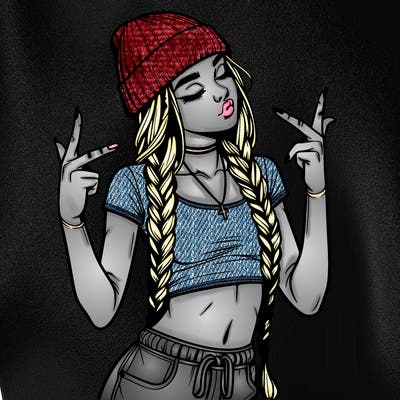 realistic teenage girl with braids and a beanie and crop top doing 🫶🏼