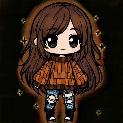 chibi girl with ripped jeans,long hair, and an oversized sweater